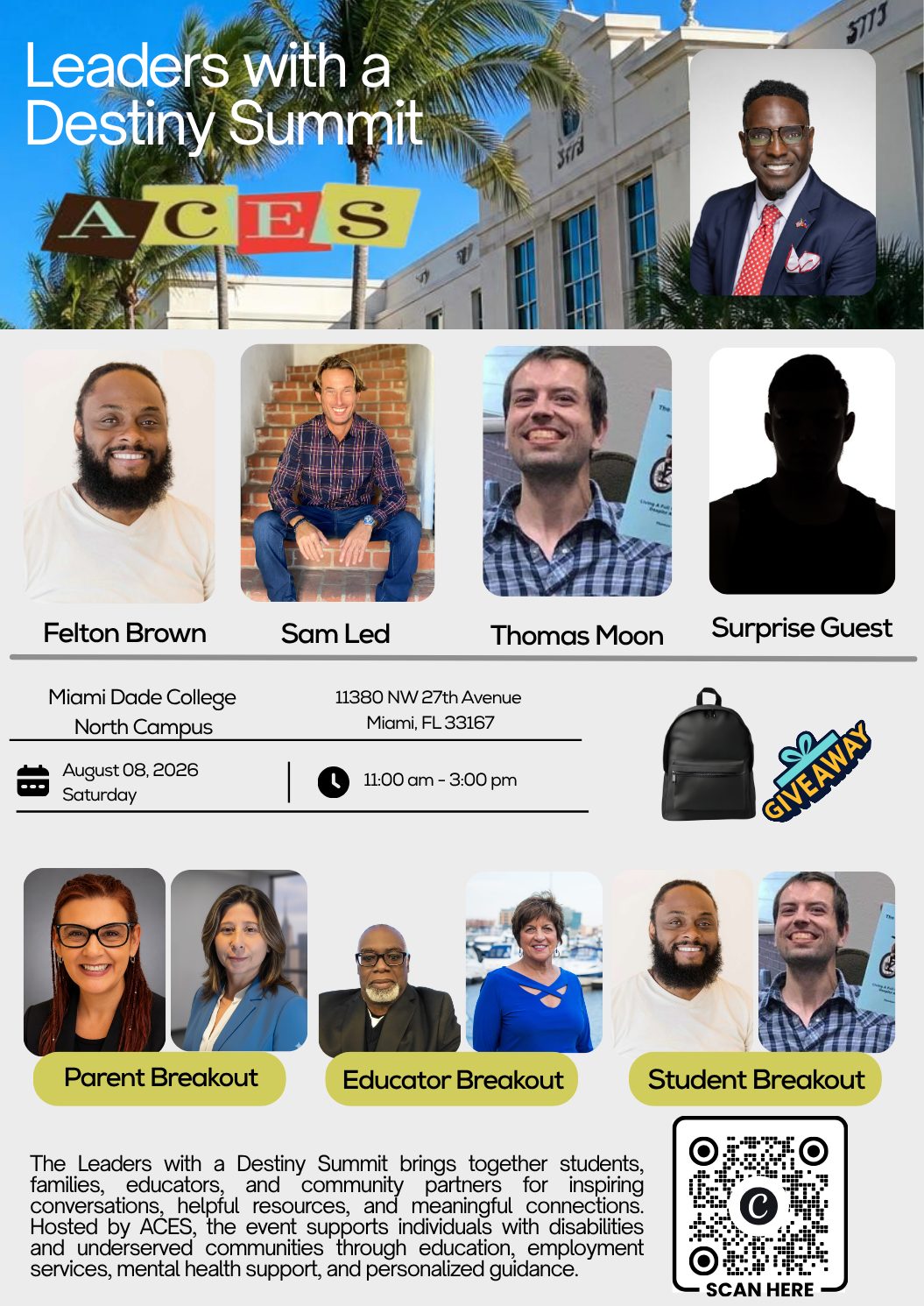 Official flyer for the ACES Leaders with a Destiny Summit on Saturday August 8, 2026 at Miami Dade College North Campus