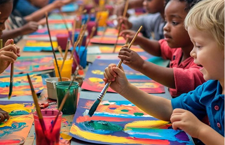 Children painting with brushes and bright colors at an ACES summer camp table